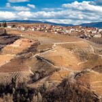 Borgo circondato da vigneti, con persone che degustano vini e panorami spettacolari sullo sfondo.