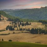 Paesaggio toscano con colline verdi e cipressi, ideale per escursioni economiche nella natura.